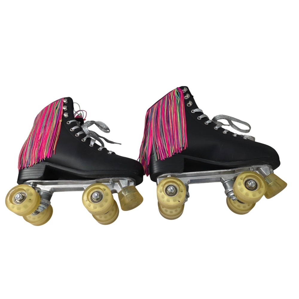 Doll Kills Black Quad Roller Skates Neon Rainbow Fringe Silver Laces  Sz 8 - Picture 13 of 14